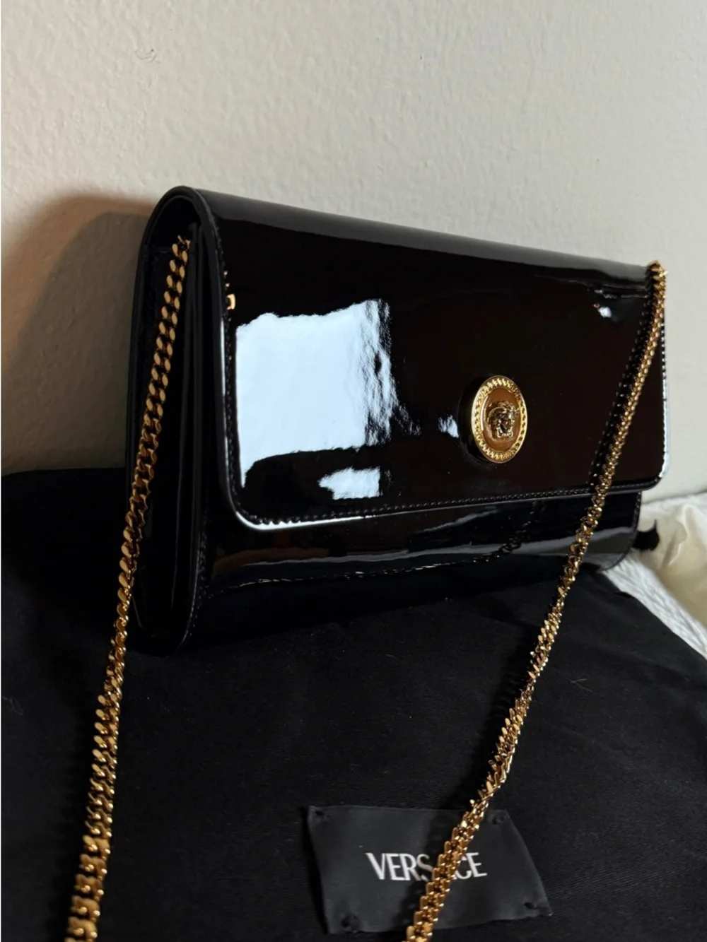 Versace Black Patent Leather Clutch on chain with Gold Medusa Button